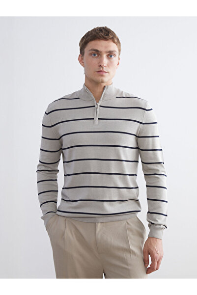 LC Waikiki Beige Stand Collar Striped Men's Knitwear Sweater