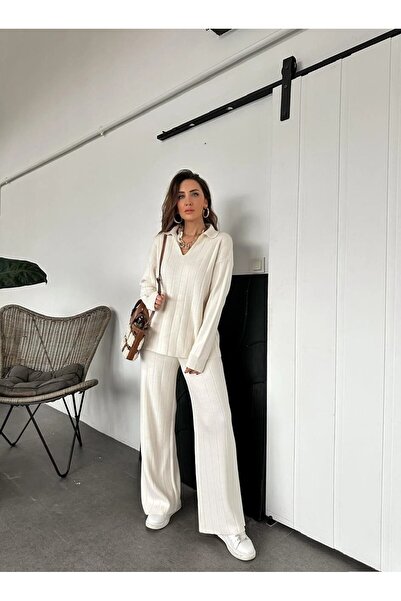 Lovely butik Women's Wide Ribbed Polo Collar Top and Bottom Double Knitwear Set