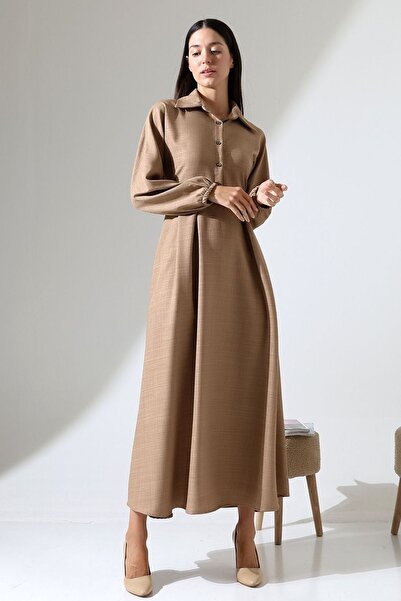 Genel Markalar Kadın Belden Oturtmalı Kendinden Kuşaklı Keten Tesettür Elbise