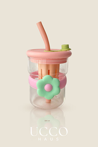 UCCO 500ml Daisy Patterned Glass Detox Thermos Flask with Straw - Water, Soft Drink, Lemonade Cup/607A