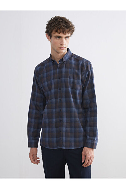 LC Waikiki Καφέ ανδρικό πουκάμισο με μακρυμάνικο καρό σχέδιο κανονικής εφαρμογής