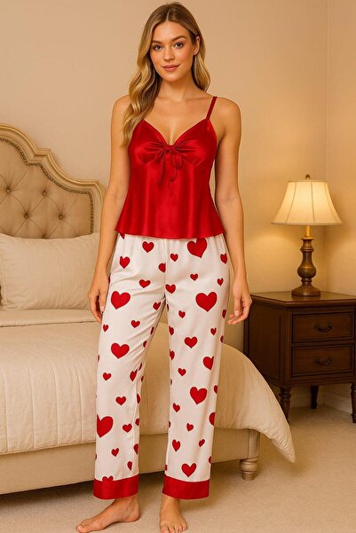STARWİNG Kırmızı Saten Askılı Kalp Desenli Pijama Takımı