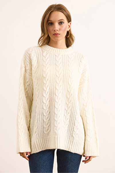 Olalook Pulover tricotat oversize pentru femei, cu păr gros împletit, ecru KZK-19000986