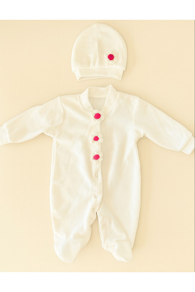 Bond Bestie Velvet Jumpsuit 2 Piece Newborn Romper & Hat Long Sleeve Daisy Detailed Velvet Outfit 0-3 Months