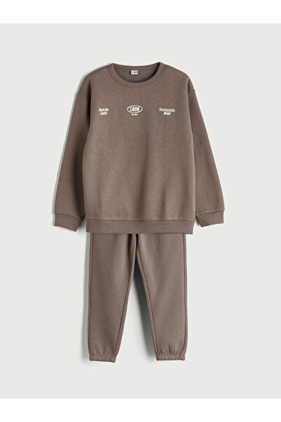 LC Waikiki Beige Crew Neck Printed Baby Boy Sweatshirt and Sweatpants Set of 2