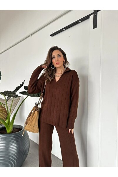 Lovely butik Women's Wide Ribbed Polo Collar Top and Bottom Double Knitwear Set