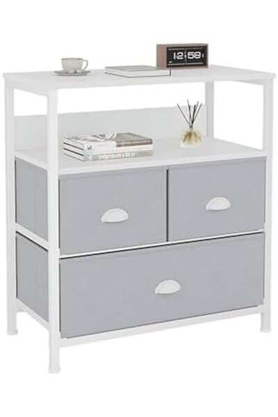 SKY TOUCH SKY-TOUCH 3 Fabric Drawer Nightstand Storage Chest Unit Home Cabinet w/Shelves, White, 58 * 29 * 81.