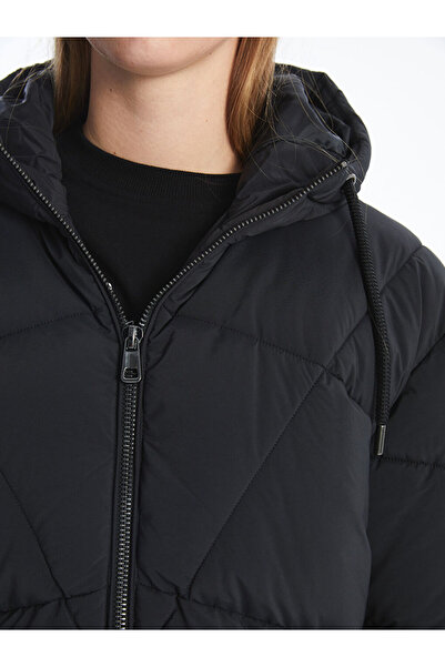 LC Waikiki Μαύρο με κουκούλα ίσιο oversized γυναικείο πουπουλένιο παλτό