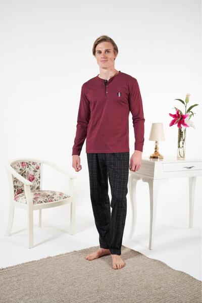 Estiva Men's Winter Plaid Combed Cotton Single Jersey Pajama Set Burgundy