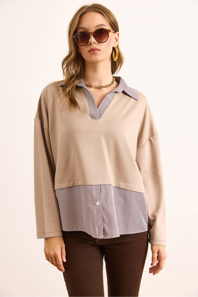 Olalook Women's Stone Shirt Detailed Soft Textured Blouse Blz-19003099