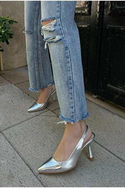 POLKA STORE Spark Metallic Skin Gray Silver Lame Silver Pointed Toe Open Back Stiletto Evening Dress Heeled Women's Shoes