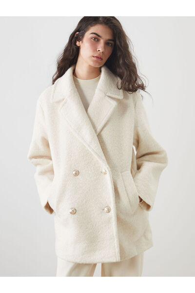 LC Waikiki Ecru Double-Breasted Collar Oversize Women's Cashmere Coat