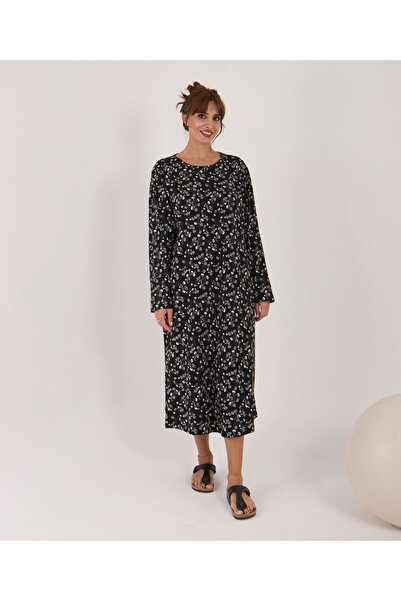 AYSUN TEKSTİL 100% Cotton Oversized Printed Cycling Collar Long Sleeve Home Dress