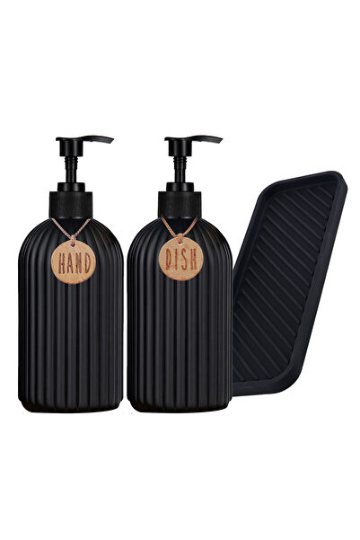 Choice مجموعة B 2 قطعة موزعات صابون مطبخ سوداء مع صينية سيليكون، زجاجة صابون يدوي وأطباق قابلة لإعادة التعبئة سعة 500 مل