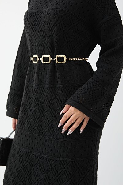 InStyle Patterned Openwork Black Knitwear Dress