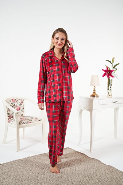 Estiva Women's Winter Front Buttoned Checkered Velvet Pajama Set Red