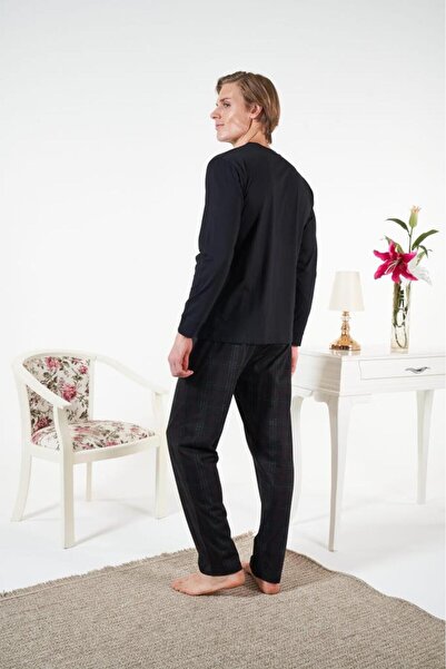 Estiva Men's Winter Plaid Combed Cotton Single Jersey Pajama Set Black