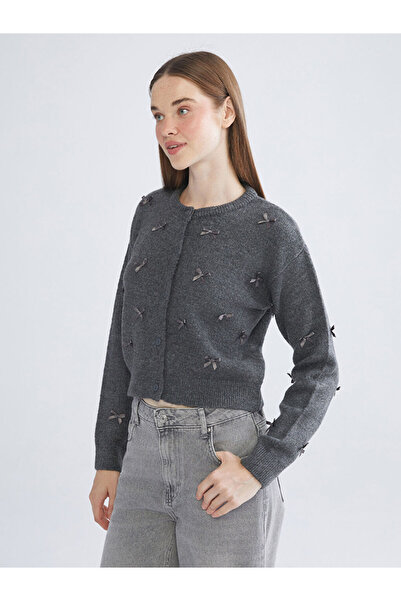 LC Waikiki Sparkling Choices from Shining Store | Crew Neck Bow Embroidered Women's Knitwear Cardigan