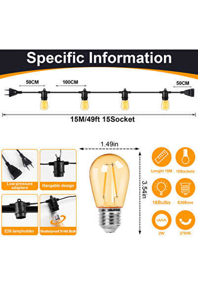 Choice 2W E27 قابس EU 49FT (15M) 15BULB S14 سلسلة أضواء للخارج E27 220V قابس ...