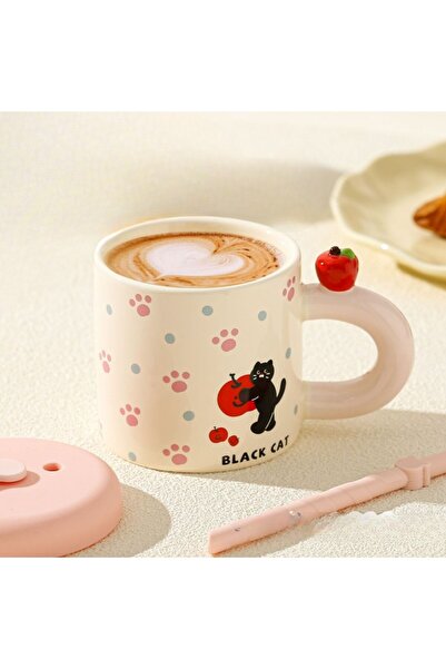 Flippy Ceramic Mug with Lid and Straw - Pink Silicone, 380 ml, Model Cute D