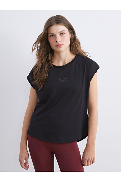 LC Waikiki Xside Active Black Crew Neck Printed Women's Sports T-Shirt