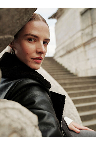 LC Waikiki Palton negru pentru femei cu guler biker simplu aspect de piele