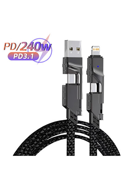 Choice كابل شحن سريع PD أسود بطول متر واحد، 4 في 1، بقدرة 240 واط، من نوع USB...