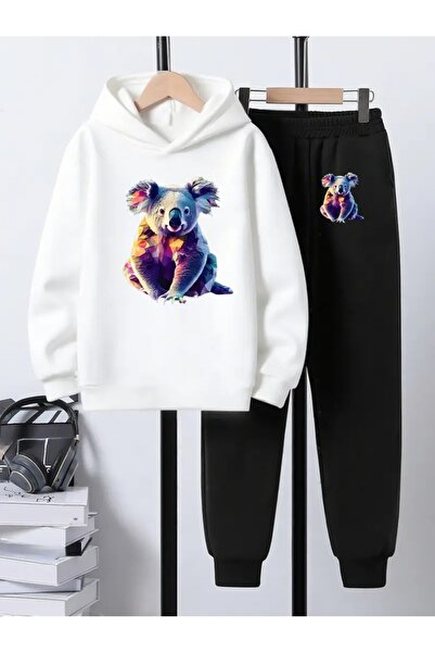 YUNAYT طقم سويت شيرت بقلنسوة وبنطلون رياضي مطبوع للأطفال، 3 خيوط مطوية، لفصل الخريف/الشتاء