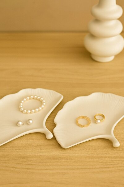 ZURİ DESİGN Yaprak Formlu Beton Dekoratif Takı ve Aksesuar Tabağı 18 x 14 (2’...