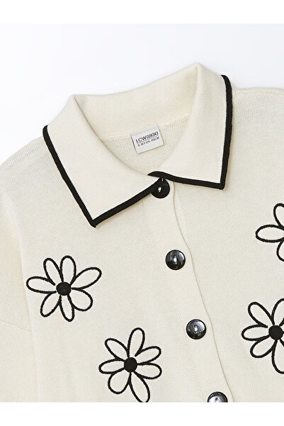 LC Waikiki Polo Yaka Çiçekli Kız Çocuk Triko Hırka