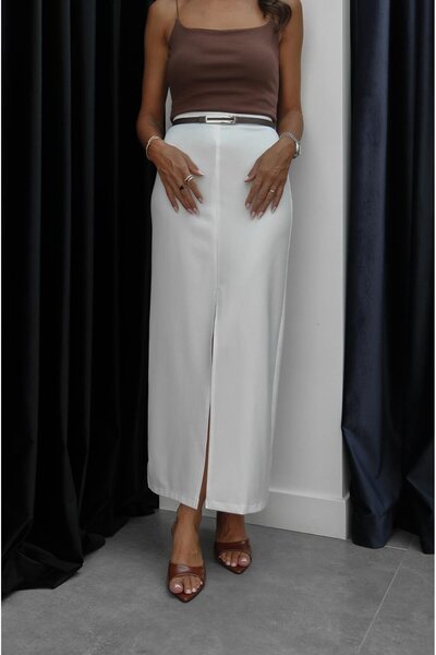 Havoş Fusta albă cu deschidere în față și curea