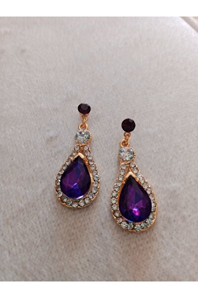 Pervin Ablacım Mor taşlı sallanan Gold abiye küpe