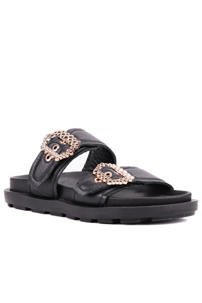 SailLakers Sail Lakers - Black Color Genuine Leather Women's Slippers with Stone Detail