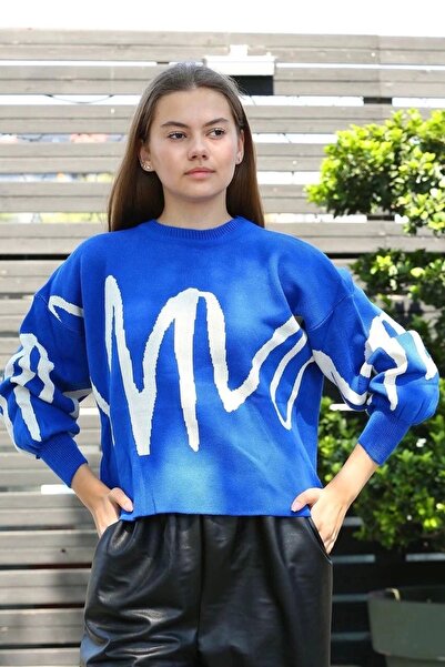 shopivastore Pulover cu gâtul rotund cu dungi albe, albastru saxofon