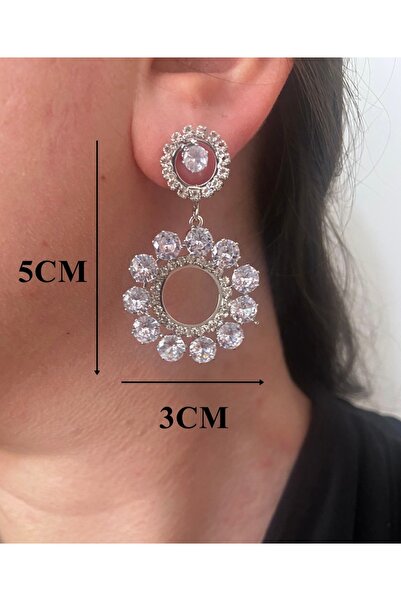 ER TAKI Stoned Silver Colored Round Dangle Stylish Party Engagement Henna Wedding Wedding Evening Dress Earrings