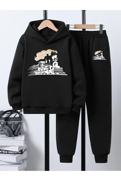 Cevval Детски комплект с качулка и спортен екип с принт, 3-слоен шерпа за есен/зима