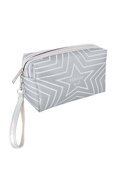 fun zone TOEON Happy Girl Printed Waterproof Zipper Cosure Makeup Bag Grey