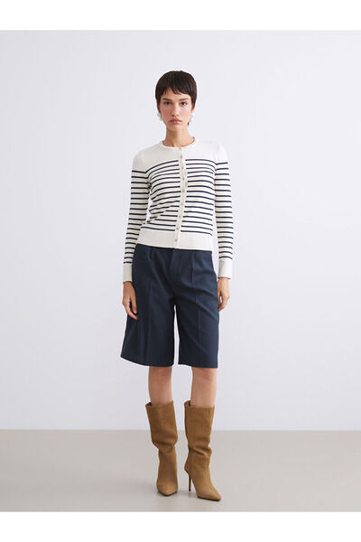 LC Waikiki Beige Crew Neck Striped Women's Knitwear Cardigan