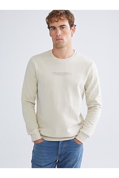 LC Waikiki Beige Crew Neck Printed Men's Thick Sweatshirt