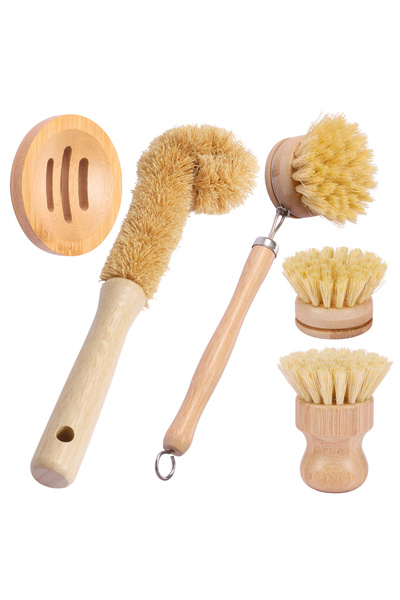 choice2 5pcs A 4/5Pcs Bamboo Dish Brush Set Pot Cleaning Brush Long Handle Ki...