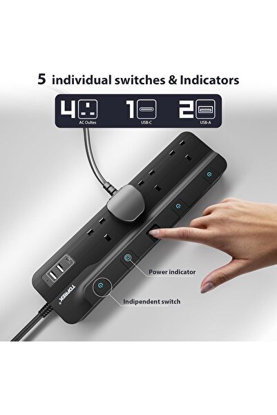 Generic سلك تمديد TOPREK 4 مع مقبس عريض للغاية، ومفاتيح فردية للإضاءة مع 2 منافذ USB-A،
