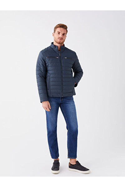 LC Waikiki Navy Blue Standard Fit Stand Collar Men's Leather Look Coat