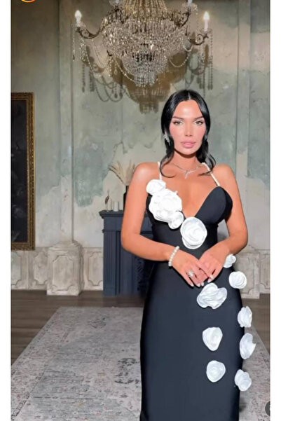 Sisa Butik ÖZEL FİYAT İp Askısı Taşlı Gül Detaylı Tasarım Elbise