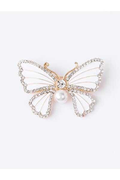Jimmy Key Beyaz Kelebek Figürlü İnci Detaylı Taşlı Broş