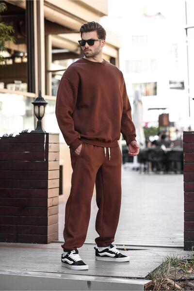 Madmext Bitter Brown Crew Neck Basic Tracksuit Set E7329