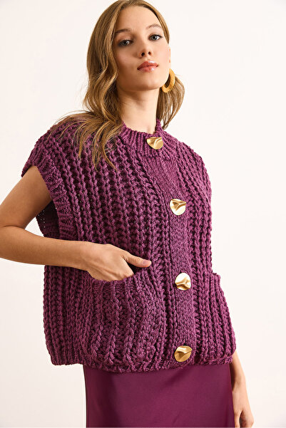 Olalook Women's Plum Thick Knitted Big Button Knitwear Cardigan Hrk-19000382