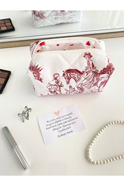 1çokşey Vintage Pattern Nostalgic Makeup Bag 18X10X10 cm Quilted Fiber Fluffy Lined