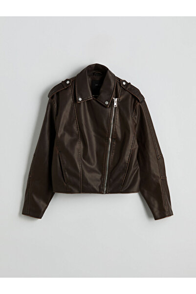 LC Waikiki Brown Biker Collar Women's Leather-Look Jacket