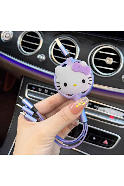Miniso 1m Purple Sanrio Hello Kitty 3 In 1 Retractable USB Cable Fast Charging Data Cord For Iphone Multi