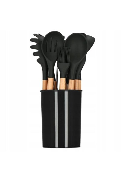 Springos Sada kuchyňského náčiní, silikon a bambus, černá, 12 kusů